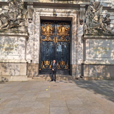 IOI President, Chris Field PSM, at the front entrance to Australia House in London