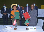 Angolan Ombudsman, Hon. Antónia Florbela de Jesus Rocha Araújo (left), signed a MoU with the Ombudsman of the Republic of Zambia, Hon. Caroline C.Z. Sokoni (right) 