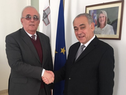 Outgoing Ombudsman, Chief Justice Joseph Said Pullicino (left) welcomes Anthony Mifsud (right)