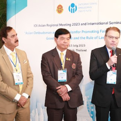 Left to right: Provincial Ombudsman Sindh and World Board Director, Ajaz Ali Khan; Chief Ombudsman of Thailand and Asia Region President, Somsak Suwansujarit; and IOI President, Chris Field PSM.