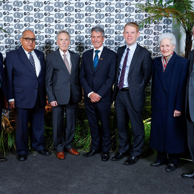 Past and present New Zealand Ombudsmen from L to R: Leo Donnelly ONZM, Sir Anand Satyanand, David McGee CNZM QC, Chief Ombudsman Peter Boshier, Minister Hipkins, Dame Beverley Wakem and Sir Brian Elwood