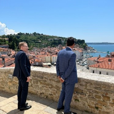 IOI President, Chris Field PSM, and Human Rights Ombudsman of the Republic of Slovenia, Peter Svetina, overlooking the town of Piran