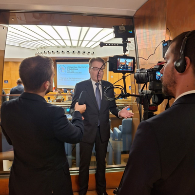 IOI President Chris Field PSM undertaking an interview at the conclusion of the first day of the International Conference of Ombudsman.